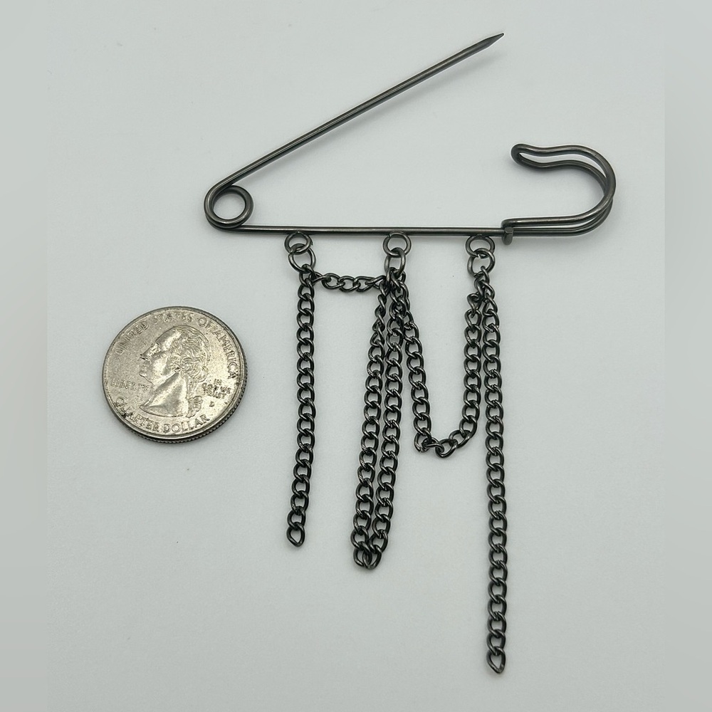 Large Black Metal Safety Pin Brooch with Hanging Chains